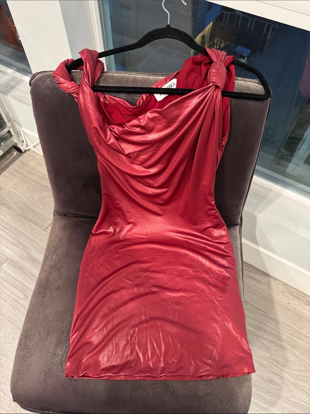 The Attico Red Satin Knot-Shoulder Mini Dress